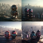 **a cyborg Daruma doll standing side by side on a high rooftop in a futuristic cyberpunk city during nignt, overlooking the vast urban landscape below, chrome and neon accents on their mechanical bodies, distant skyscrapers stretching into the hazy daylight sky, cinematic lighting, detailed urban textures, like a scene from a movie or music video, octane render, --v 7.0 --p pmcvoi5 --s 50** - <@960107048031387718> (fast)
