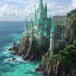 **A breathtaking castle made of sea-glass on the egde of a green cliff over looking the ocean. The castle reflects all colors of light and had banners of sea-green and blu eflyign from it's spires --v 7.0** - Image #4 <@501088304150741013>
