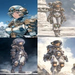 **highly-detailed digital illustration of a smiling female steampunk astronaut with a moonstone-powered suit and armor and dome helmet, standing on a rocky, foreign planet surface, --chaos 5 --ar 2:3 --seed 550 --raw --profile qq6nklf --v 7.0** - <@936929561302675456> (fast)