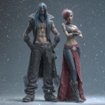 **An overly masculine character beside an overly feminine character, full body, nice clothes, in the style of Heavy Metal, in snowflake macrophotography.** - Image #2 <@639231094968942592>