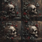 **an old grungy photograph on a skull with vines, ivy and roses growing out of it onto an old gothic castle wall, dark moody vibe, muted colors with pops of red** - Variations (Strong) by <@424564814052851715> (fast)