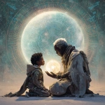 **A futuristic Black elder and child seated in a circle of light, exchanging a glowing orb inscribed with ancient Kemetic glyphs and digital code. Behind them, a mural of resistance and joy--marches, drums, stars, and sacred geometry. Style: Afro-futurist, collage-inspired, bold contrast with soft lighting. Snowflake macrophotography Afrocentric futurism --v 7.0** - Upscaled by <@1071135204846096475> (relaxed)
-# Create, explore, and organize on [midjourney.com](<https://midjourney.com/imagine?from_discord=1>)