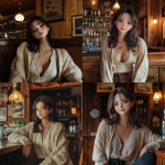 **a woman sitting in a cozy wood-paneled bar. she wears a cream blouse and cardigan sweater --cref <https://s.mj.run/SWOi_tRUrfw> --cw 0 --v 6.1** - <@334398819246538773> (fast)