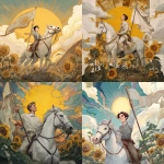 **a young man sitting on the back of his white horse holding a banner, with its head raised towards the sky, and a bright smile on his face. The background is sunny, with a large sun rising in front of him, its rays extending outwards. In some parts, there may be sunflowers or plants surrounding the scene** - <@409716268476923920> (fast)