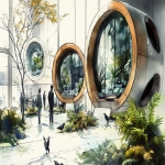 **<https://s.mj.run/Nlu3ItpiLmk> <https://s.mj.run/5Zwnb5PDQNM> an illustration using black pen and watercolour, loose sketchy watercolor and black pen illustration of a futuristic healthcare waiting room filled with plants and birds walking freely where people are scanned and then led by human looking robots to individual wellness pods, the style is country farmhouse with a fireplace meets zaha hadid organic futuristic architecture highly detailed, unique --ar 16:9 --v 6.1 --s 250** - Image #3 <@999895176619237436>