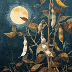 **A bean plant growing in a moonlit garden. There are dried pods on the plant. One is split open and is empty. There is a full moon rising over head. This is for the cover of a seed packet --v 7.0** - Image #2 <@1240392312559898636>
