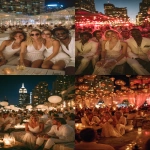 **candid photograph of a group of friends sitting in a trendy mahnattan rooftop lounge at night. There are 4 friends dressed in trendy white linen evening attire and are dancing in their seats, having fun. fashion, armani; gucci, hilton hotels, deejay, music --v 7.0 --stylize 1000 --ar 9:16** - <@1061750239708577893> (fast)