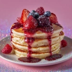 **Sunrise Stack Pancakes: Fluffy stacks drizzled with tart ridge-berry syrup that glitters like dawn. --v 7.0** - Image #1 <@888546328244801596>