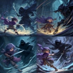 **anime art style , fantasy card art, a small female midget rogue in a purple cloak performing a feint in mid-combat his body blurs in motion as he fakes a slash to the left with a short sword, while slipping a hidden dagger low to the right. The towering fully cloaked enemy reacts to the wrong move, completely off-balance, eyes wide with surprise thrusting sword forward completely missing .The rogue has a sly grin on her face, glowing motion trails emphasize the misdirection. Cinematic anime-inspired style, dynamic angle, high detail, moody lighting.** - <@189255832385486848> (fast)