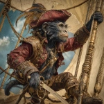 **lion tamarind monkey, dark blue and gold fur, rough and roguish, airship pirate wearing weathered leather vest and crimson captains hat, necklace with large dragon tooth pendant, swinging from ships rigging with a sword, photorealistic, character profile** - Image #1 <@271696906097393695>