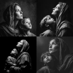 **mother Mary holding young Jesus both looking up black and white photography --v 7.0** - <@819073620625981460> (fast)