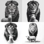 **photo realism. Black and grey design. Male lion posing with a sheep. Sheep is standing in front of lion with lion head towering over. Both animals looking at camera. Clean lines, clean shading. White background --v 6.1** - <@651578269954736176> (fast)