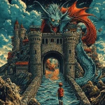 **children's book illustration of the entrance of the dragon town with a boy who tries to get in --sref <https://s.mj.run/wdUv8LKTWIM> --s 250 --v 6.1 --raw** - Image #2 <@1071135204846096475>