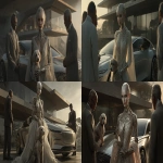 **A realistic photo of a sophisticated female android with a strikingly natural human-like face--expressive eyes, soft skin texture, subtle emotion--wearing an elegant, flowing designer gown. Discreet mechanical joints are visible on her arms and neck. She holds a small dog gracefully while standing near a sleek modern car. Two sharply dressed men engage her with intense gestures, suggesting urgency or competition. Behind them rises a minimalist, elegant villa with clean architectural lines and large glass surfaces. The atmosphere is charged with tension and energy, reflected in their postures and expressions. Dramatic cinematic lighting, warm tones, high realism --chaos 5 --ar 2:1 --exp 50 --profile rvkfcw3 --stylize 150 --v 7.0 --draft** - <@1278704364331995191> (fast)