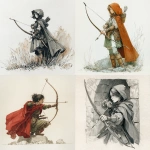 **a discreet archer huntress with a cape, detailed watercolor illustration in a monochronolithic way --v 7.0** - <@613379038773248000> (fast)