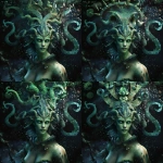 **an ancient eldritch sea goddess with green skin and demonic energy, strong ocean theme, attractive like a siren, head and upper torso portrait, zoomed out, remove head tentacles and replace nothing --v 7.0** - Variations (Region) by <@1102368940535066624> (fast)