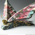 **on display 1 Art suprematism and abstraction movement art design, a surrealist art style base that contains a natural crystal point a watchful Zdzisław Beksiński style butterfly sculpture. With a gold small skull creature that is included in the body of the creature that has direct lighting and an angled side view. The wings have a natural look in coloured acrylics with turquoise and flat brass. Cultural and creative product design, high-end, high-quality. --c 5 --s 700 --w 450 --v 6.1 --ar 4:5 --q 2** - Image #4 <@923747341717078036>