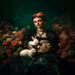 **a vogue photoshoot with frida kahlo in an enchanted garden surrounded by rabbits, wearing black , against a dark green background, with colorful flowers, in the style of hyper-realistic photography, and an editorial pose. --ar 46:61** - Image #2 <@267082272199409666>