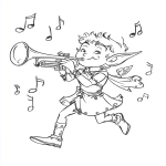 **A whimsical storybook coloring page illustration of a joyful elf playing a trumpet. The elf is marching with high knees and puffing out their cheeks. Musical notes are floating in the air. The elf wears a tunic with bells. Clear black outlines, engaging scene, activity page style. --ar 17:22 --stylize 50 --v 6.1 --no shading, color, grey, gradients, realistic, photo, 3d, shadows, filled-in** - Image #4 <@1056554354854854686>