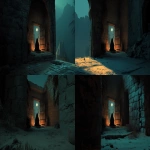 **a cinematic 3D scene in 16:9 aspect ratio, showing a young girl seen only from behind, wearing a black abaya and scarf, sitting alone in a dark stone room after the tragedy of Karbala, her back slightly hunched in sadness, she is facing a small wooden window and door, through which a full moon is visible in the night sky, soft blue moonlight shining through the window and door, casting gentle light on the girl's back, the room is dimly lit with a candle flickering beside her, outside shows burnt tents and palm trees in ashes, the mood is deeply emotional, expressing loss and longing, warm amber tones mixed with cold blue light, realistic texture, soft shadows, volumetric cinematic lighting, ultra-detailed, 4K resolution --ar 16:9 --zoom 2** - Zoom Out by <@1293207297316880454> (fast)
-# Create, explore, and organize on [midjourney.com](<https://midjourney.com/imagine?from_discord=1>)