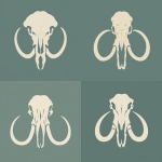 **anatomically inspired mammoth skull logo, simplified but realistic skull dome, teardrop eye sockets, inverted U-shaped nasal opening, natural history museum style, elegant, precise, symmetrical, bold tusks preserved, clean vector outline, minimal, no shading, no gradients --ar 1:1 --raw** - Variations (Strong) by <@1207751323517329420> (fast)