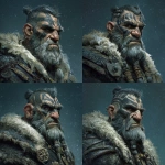 **a male character, a dwarven man, gray skin, heavily scarred face, charcoal tribal paint, muscular, with a scowl, in the style of an oil painting, high fantasy setting, winter attire,** - Variations (Strong) by <@292486228132233216> (fast)