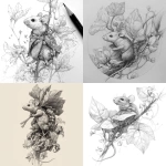 **mouse carrying a big leaf, body wrapped in vines and florals, pencil sketch** - <@1202707032818458747> (fast)