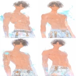 **I draw high quality detailed full body illustration of k-pop male idol character. Full body. Front shot of a handsome, toned figure. Short Black hair. Hairstyle with one eye hidden. Male eyes. black eyes. Fierce smile. Wearing swim shorts. Full body shot --no shirt,t-shirt,tank-top,coat,robe,towel,hoodie,jacket,crossed-arm --ar 9:16 --sref 3284224::1 20240919::0.5 800401977::1 --profile xxkcadh --stylize 180 --niji 6** - Variations (Strong) by <@409716268476923920> (fast)