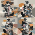 **A collage of an ancient Greek statue wearing modern Halloween fashion, standing in the Egyptian Museum in The Valley of Rosicrucian. She wears a black, white, pink, blue and grey patterned dress in the style of Gucci and her black cat and pumpkin next to it. A mahogany geometric graphic design inspired in the style of Thomas Gainsborough, using newspaper and other midjourney swag materials, flat perspective, muted colours, digital art techniques, mixed media, high resolution. --ar 57:88 --v 7.0 --s 250** - Variations (Strong) by <@1007106543935823902> (relaxed)