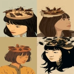 **a simple illustration of an asian woman with brown hair and bangs, her head is open to reveal cockroaches having a meeting around a table inside it. the background color should be beige. --ar 85:128 --q 2 --v 7.0** - <@692066457164709888> (relaxed)
