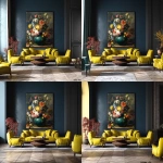 **a large painting of flowers in an emerald vase hanging on the wall above a sofa and armchairs, in a modern interior design style living room with yellow chairs, dark blue walls, a colorful flower bouquet in a green and golden clay pot, vibrant colors, oil paint texture, brush strokes, a large canvas, ultra-realistic, hyper-detailed, and a cinematic look, with the text "rastegar, ohio" at the bottom right side. --ar 128:125** - Zoom Out by <@1313000520759377972> (fast)