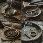 **A close-up flat lay of a single bold sterling silver ring with lunar engraving, resting on a matte ceramic plate in warm ash tones, positioned on top of worn parchment. A light trail of incense smoke curls along the lower third of the image. Color palette includes muted moss green, weathered stone, silver-black. Soft diffused window light creates tactile, low-contrast shadows. Mood: modern ritual still life, minimal, spiritual and grounded. --v 6.0** - <@1214240647834509406> (relaxed)