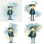 **Cute, minimalist watercolor illustration in a children’s picture book style. Character: Nowy Rok A symbolic young man representing a new beginning. Appearance: looks about 18-20 years old tall, slim, youthful body relaxed, open posture Face: young, smooth face gentle, hopeful smile calm and friendly expression Eyes: light blue warm, curious, kind Hair: dark brown short slightly tousled Clothing (simple, no patterns): navy blue jacket, plain light yellow scarf, plain dark blue pants, plain black shoes, simple Accessory: small dark green shoulder bag Magical elements: a soft magical glow / aura surrounding Nowy Rok glow is gentle, diffused, child-friendly color: pale blue mixed with very light yellow snow is swirling around him, not falling straight down snowflakes shown as small white dots and soft curved lines snow movement feels light, calm, magical, like a gentle spiral Mood and emotion: hopeful magical calm sense of new beginning Style and colors: soft pastel color palette delicate watercolor texture with visible paper grain rounded shapes minimal details therapeutic, child-friendly illustration style Background: simple night background or very soft winter sky no buildings no text No text, no frame, no watermark. Hand-painted watercolor look. Magical New Year moment. --ar 9:16** - <@409716268476923920> (fast)