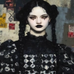 **eerie painting with a color scheme of monochromatic black and white with a pop of Color. The painting uses cross-hatching and palette knife techniques, inspired by analog horror, grunge Polaroids, ukiyo-e and retro Japanese horror. The mood is mysterious and unsettling --exp 50 --stylize 1000 --p djcuvnt --ar 4:5 --v 7.0** - Image #1 <@948741381743083580>