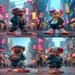 **a chibi figure inspired by Kinopio, walking confidently through a lively modern city street, wearing stylish hip-hop fashion with oversized hoodie, baggy jeans, gold chains, and authentic NIKE Air Jordan sneakers, vibrant urban background with graffiti walls, neon signs, and bustling crowd, anime-style illustration, vertical composition, highly detailed --v 7.0 --ar 9:16 --oref <https://s.mj.run/xKRYl9AmtcQ> --ow 200** - <@1112784568303497357> (turbo)