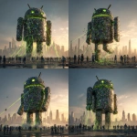 **<https://s.mj.run/rWcFtaYzAZ8> The Android Robot made of mobile phones is collapsing, people looking up at it, green malware bugs trying to get inside it, green lasers trying to pull robot down, cityscape, photorealistic, magic hour, dramatic lighting** - Variations (Strong) by <@1048326817838280714> (fast, stealth)