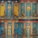 **Blond woman on the set of 80s-style game show, stage left, holding a microphone, with three human sized snakes standing in front of doors marked 1, 2, and 3 --v 7.0** - Variations (Strong) by <@820024234734518302> (fast)