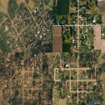 **Overhead camera shot of a township land. There is a gride road system with some roads minadering through. Many plots of land showing a small town and varied sizes of farm pastures with barns and outter farming buildings as well as large institutional buildings on larger plots of land. --ar 4:3** - <@794327127260266516> (fast)