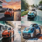 **oil painting artwork of a 2024 porsche gt3rs on a race track, --ar 16:9 --p 8s83fsp --raw** - <@1107069656264605737> (fast)