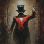 **a carnival ring master wearing a red vest and black suit with no face under his black top hat is welcoming you with his right arm to the creepy weird Lovecraftian carnival, as a front page art piece painting, --ar 8:11 --v 7.0** - Image #1 <@1035886146422583346>