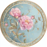 **FLAT 2D vector-inspired art without any shading. It depicts a circular art piece showing a beautiful design that features a soft aqua-blue background with a gilded, vine-like border and an intricate scrollwork pattern in gold. The focal point is beautiful watercolor pink peonies, with subtle greenery. No shading or gradients --v 7.0** - Upscaled by <@1141845422852280493> (fast)