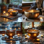 **Realistic close-up of a Tibetan sound bowl placed on a wooden meditation floor, surrounded by soft candlelight. Two silver tuning forks rest neatly beside the bowl. Wisps of incense smoke drift in the background on a window sill. The lighting is warm and diffused, with natural shadows and subtle highlights on the bowl’s rim. The setting feels calm, sacred, and minimalist no people, no clutter. Emphasize texture detail on the brass bowl, the wood grain beneath it, and the glow of the candles. Photography style: ultra-realistic, depth of field focus, peaceful atmosphere, high-resolution professional studio lighting. --v 6.0 --s 750** - <@1090630909448949831> (fast)