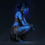 **a blue-skinned female pirate with black hair with blue strikes, wearing spider tattoos and an empty fabric skirt, kneeling on the ground holding her knees, dark fantasy, concept art, digital painting, full body, dark background, blue glow around the head, blue skin color.** - Image #2 <@450898678975168513>