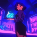 **Fuzzy 90s moe chibi kawaii Anime screengrab, A night club filled with smoke and mirrors that reflect the single beauty standing back a bit walking forward, it's a woman in a business jacket and a long pencil skirt, dark brown stockings, she's carrying a tray with a large pitcher of ice that has glistening blueish square cubes inside and condensation down the glass, her hair midnight blue with purple tips and short cut hair ending around the shoulders, confident smile, narrow squinting blue eyes, pencil thin black eyebrows flat --ar 6:7 --niji 6** - Upscaled (Subtle) by <@372629349565988865> (fast, stealth)