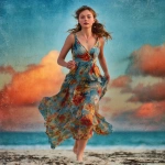 **A beautiful young woman in a floral print dress, with blue eyes and loose hair, running barefoot on the sand, with the intensely blue sea in the background, an incredibly beautiful blue sky, and the sun setting with a very strong reddish color. A fine art photograph capable of attracting attention and beautifying any environment** - Image #3 <@1088088706168144024>