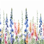 **A watercolor painting of an array of wildflowers, including larkspur and delphiniums in soft pastel hues against a white background. The flowers are arranged neatly on the canvas with space between them for text or other design elements. This is suitable as wallpaper or decoration, in the style of minimalist. --ar 128:75 --v 6.0 --s 250** - Image #2 <@756269320539209761>