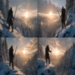 **drone shot cinematic image fantasy of a viking nord wearing fur high on a pine forest mountain holding up a sword in the epic sun flair, winter --ar 16:9** - Variations (Strong) by <@472489791414337556> (relaxed)
-# Create, explore, and organize on [midjourney.com](<https://midjourney.com/imagine?from_discord=1>)