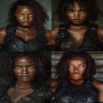 **Mische, striking African American woman with warm brown skin dusted with freckles, glowing sharp eyes full of fire and mischief, tousled shoulder-length natural textured dark hair, angular cheekbones, natural full lips, confident mischievous expression. Wearing fitted black leather combat gear with subtle gothic detailing. Cinematic fantasy portrait, hyper-realistic, ultra-crisp detail, chiaroscuro dramatic lighting, epic atmosphere, powerful and magnetic presence. --ar 2:3 --v 6.0 --no porcelain-skin doll-like glamour smooth-airbrushed features cosplay unrealistic-textures watermark --raw** - <@1244098075421708410> (fast)