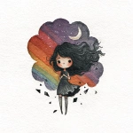 **a simple watercolor painting of a very cute chibi style goth girl, parts of her arm are chipping away like pieces of embers from a fire. She clutches her dress on her chest. Her hair winds upwards like a weed towards a crescent moon in the sky. Pieces of a rainbow break apart in the sky and fall down around her as if it were an actual object. The art style is in Gus fink, Junji Ito and Tim Burton** - Image #4 <@1074559244763926659>