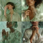 **A poetic, dreamlike editorial scene designed for a spiritual jewelry brand: a soft-moving image of a female model wearing thick sterling silver jewelry slow, graceful hand gestures highlight a ring and necklace. The background is desaturated sage green blending into pale ash white, textured like handmade paper. Overlaid hand-drawn spiritual elements (minimalist angel numbers, soft tarot borders, energy lines, tiny celestial symbols) subtly animate around the model delicate and slow, like mist drifting in a ritual. The lighting is natural and diffused, resembling soft overcast daylight or northern window light. Jewelry reflects a soft matte shine, emphasizing its sculptural presence. Color palette: muted sage, smoke white, silver, moon grey, dusty blush. Overall mood: feminine, sacred, spacious evoking modern ritual, gentle magic, and soul serenity. --v 6.0** - <@1214240647834509406> (relaxed)